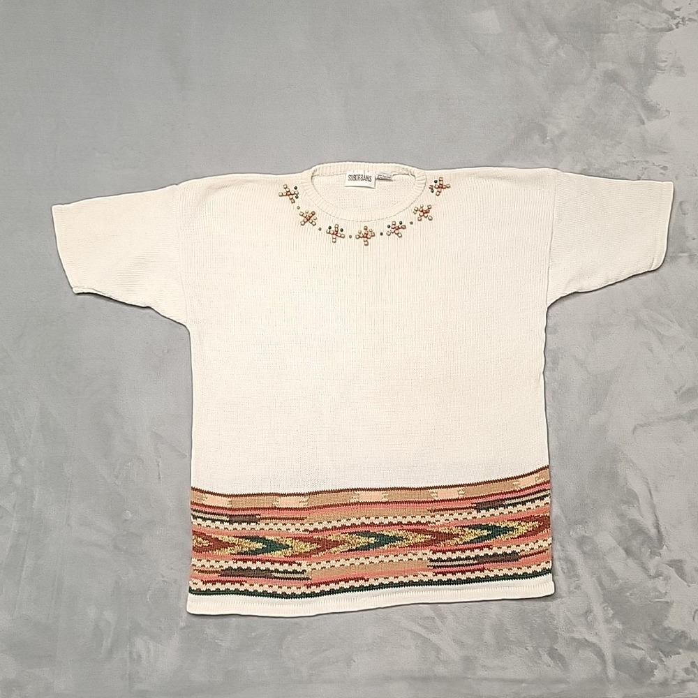 Suburbans Shirt Womens Large Ivory Beaded Southwestern Knit Short Sleeve Top